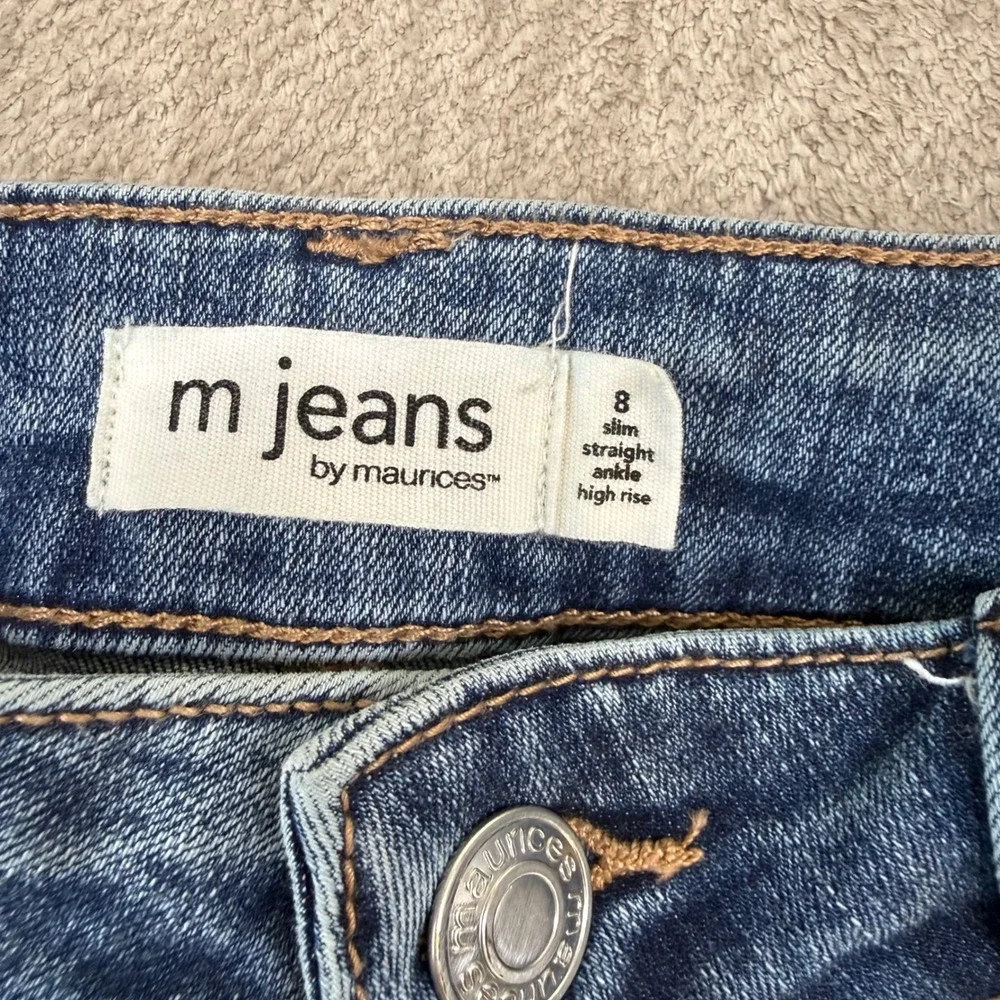 m jeans by maurices Womens 8 Slim Straight Ankle High Rise Distressed Denim Blue